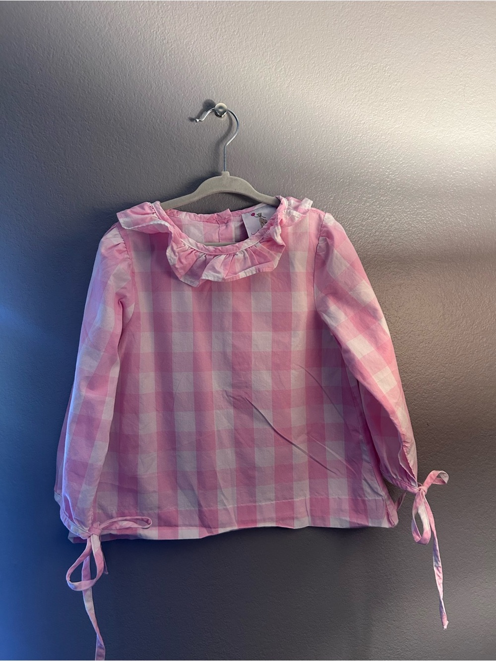 Pink Gingham Ruffle Collar Long-Sleeve Top for Kids